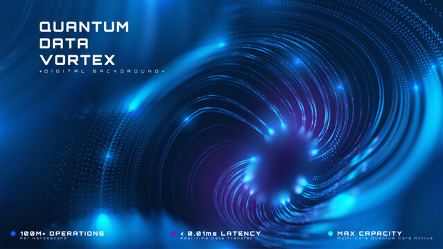 Quantum big data vortex background with blue glow particle. Digital ai tech network concept presenting fast internet wave line.