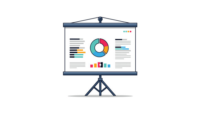 Professional presentation screen on a tripod displays various colorful infographics, charts, and data for a business or educational report.