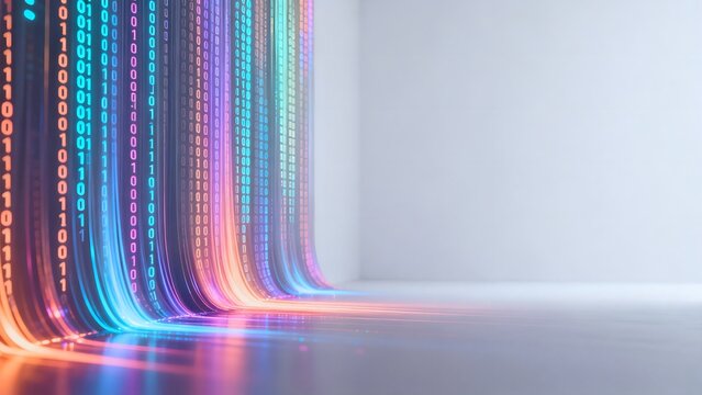 Colorful binary code flowing in a room
