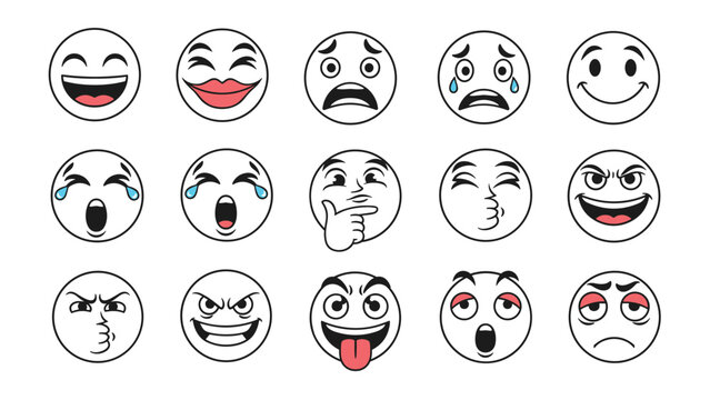 Grid of fifteen different white circular emoji characters showing various expressions from happy and laughing to angry, sad, and confused.