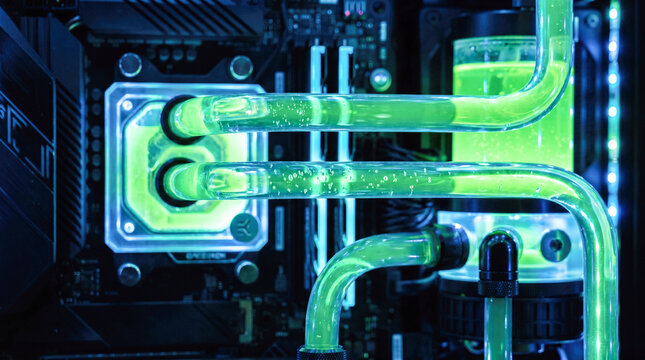 custom gaming computer inside view featuring glowing green liquid water cooling system transparent tubes illuminated motherboard hardware components extreme performance futuristic technology