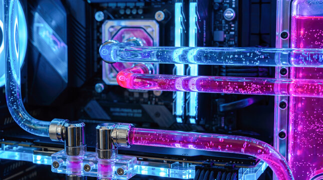 advanced gaming pc interior showing vibrant pink liquid water cooling tubes glowing blue ram memory sticks shiny metal fittings custom hardware high performance
