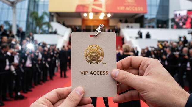 male hands holding golden vip access pass badge on red carpet event film festival movie premiere celebrity glamorous luxury lifestyle entertainment concept