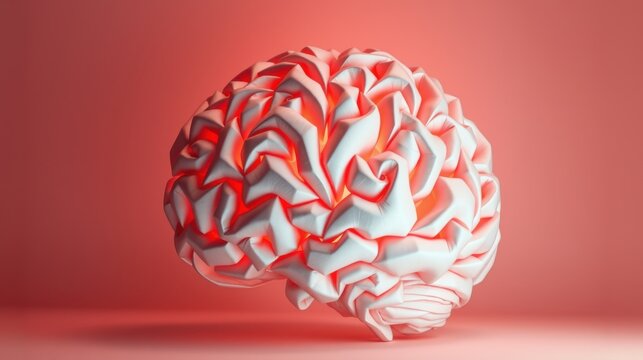Stylized brain rendering. Complex folds illuminate against pink backdrop. Modern digital art, abstract form, cerebral cortex detail.