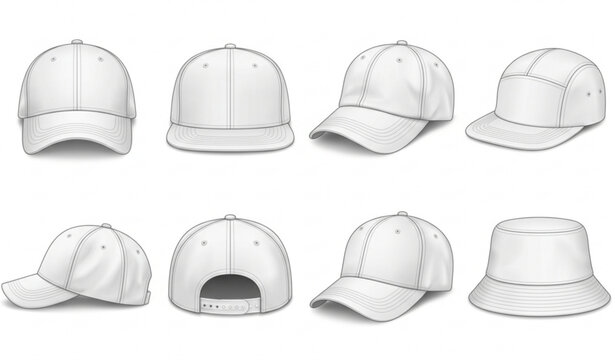 Realistic white cap mockup set with modern blank baseball hats for fashion branding and print design