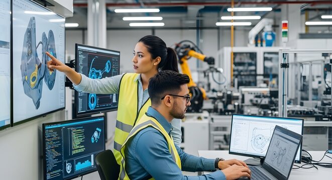 Engineers collaborate reviewing designs on multiple computer screens