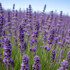 Obraz premium Vibrant lavender field in full bloom under a bright summer sky.