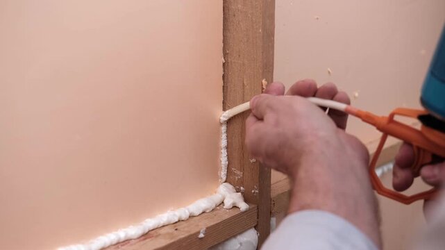 Applying thermal insulation foam with a gun. Using polyurethane foam along wall joints. Expanding the material. Sealing joints and soundproofing walls. Interior renovation. Close-up. Copy space.