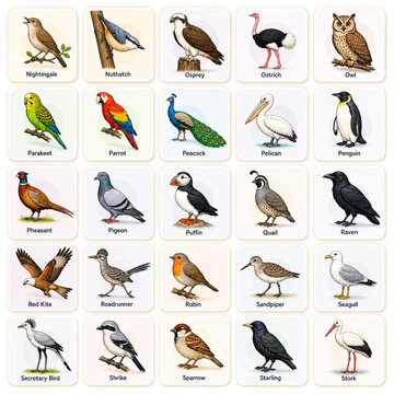 Vintage bird illustration set, 25 educational ornithology cards, realistic avian species collection for nature study and school posters isolated on White Background