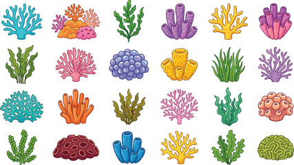 Large Coral Reef Collection with Diverse Marine Corals, Sea Plants, and Underwater Elements for Ocean Illustration, Aquarium Design, and Tropical Marine Graphics © MstSuborna