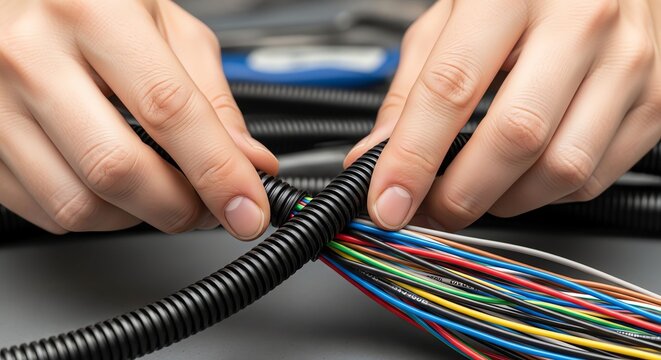 Close-up of Hands Connecting Multicolored Cables to a Black Cable Management Sleeve.