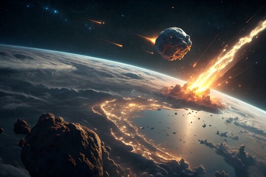 Massive asteroid collision with planet earth creates a spectacular firestorm of light and destruction while debris rains down across the atmosphere during a dark night in deep space showcasing the ter