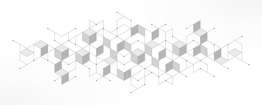 Abstract geometric 3D cube structure with connected lines and dots on white background. Concept of digital technology, blockchain, data visualization, architecture, innovation and modern design