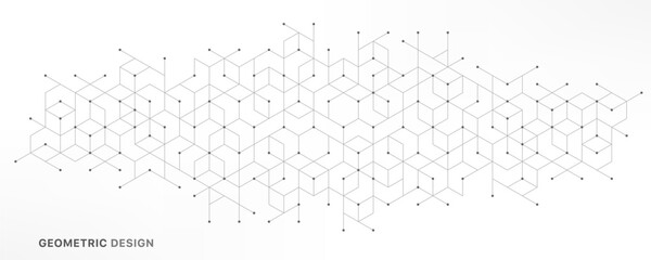 Fototapeta na wymiar Abstract geometric 3D cube structure with connected lines and dots on white background. Concept of digital technology, blockchain, data visualization, architecture, innovation and modern design