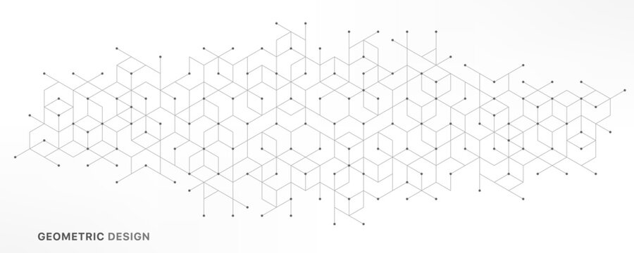 Abstract geometric 3D cube structure with connected lines and dots on white background. Concept of digital technology, blockchain, data visualization, architecture, innovation and modern design