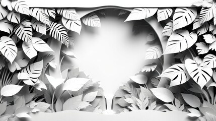 Obraz premium Paper foliage frames bright center. Tropical leaves create tunnel effect. Minimalist design, black white tones dominate composition.