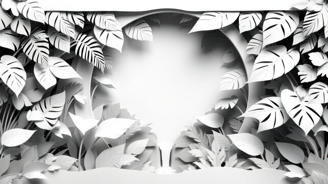 Paper foliage frames bright center. Tropical leaves create tunnel effect. Minimalist design, black white tones dominate composition.