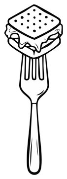 Square cracker sandwich impaled on a dining fork line art illustration