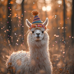 Fototapeta premium Llama Wearing Colorful Hat in Autumn Forest