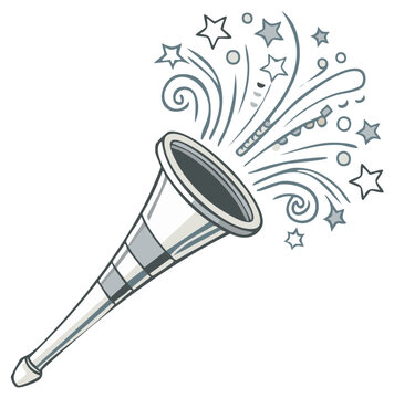 Silver party horn blowing colorful confetti and stars for celebration