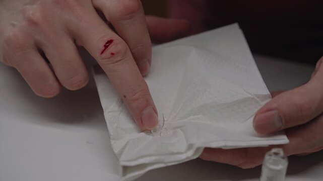 Medical worker hands displaying bleeding wound on finger after accident breaking glass ampoule, pointing at dangerous sharp fragments left on paper tissue, close-up, slow motion.