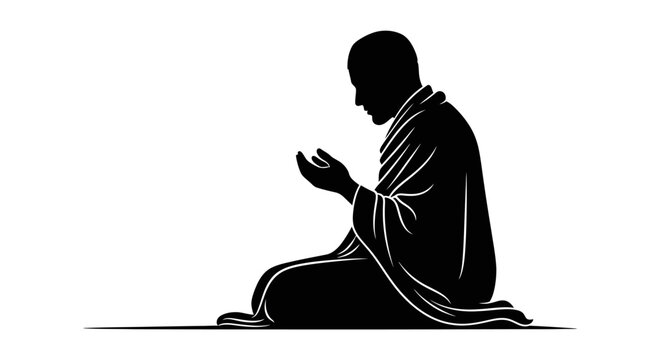 Vector silhouette illustration of a Muslim pilgrim man wearing ihram cloth, sitting on the ground and praying with raised hands in dua, isolated on a white background.