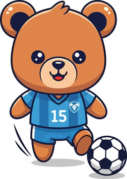 Brown bear playing soccer ball.