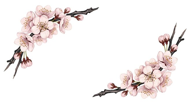 Hand-painted watercolor cherry blossom branches corner frame border