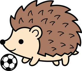 Fototapeta premium Cartoon hedgehog playing with soccer ball.