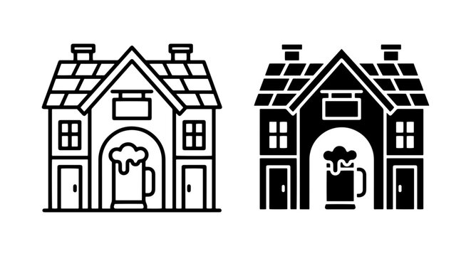 Pub Building Icons, Tavern Facade Vector Graphics, Bar Establishment Line Art and Silhouette