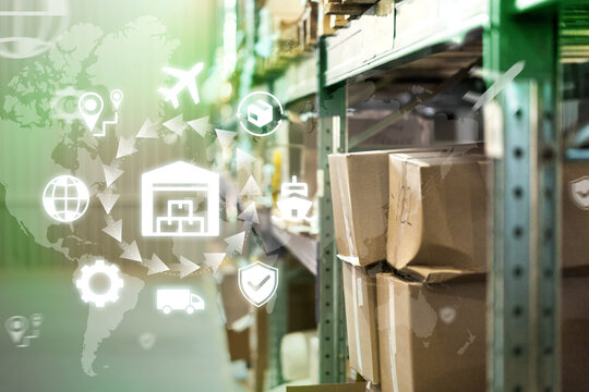 Logistics operations in a warehouse with delivery and shipment icons displayed