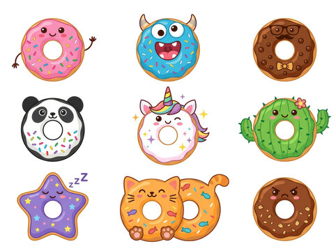 Set of cute cartoon donuts with different characters and toppings on transparent background. Sweet pastry collection with funny faces, animals and creatures. Food sticker set for design.