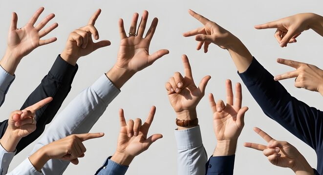 Group of diverse hands showing numbers and gestures on white background