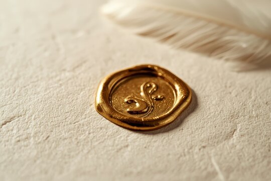 Fine art macro of a golden wax seal on thick creamy-white textured cotton paper with a white feather quill.