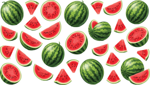 Watermelon Fruit Pattern with Whole Melons and Slices in Realistic Style for Summer Food Design, Fresh Produce Background, and Healthy Lifestyle Graphics