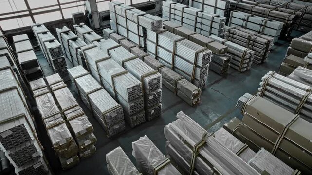 Warehouse Final Setup. Sequenced Stacks With Proper Spacing And Warehouse Illumination Visible