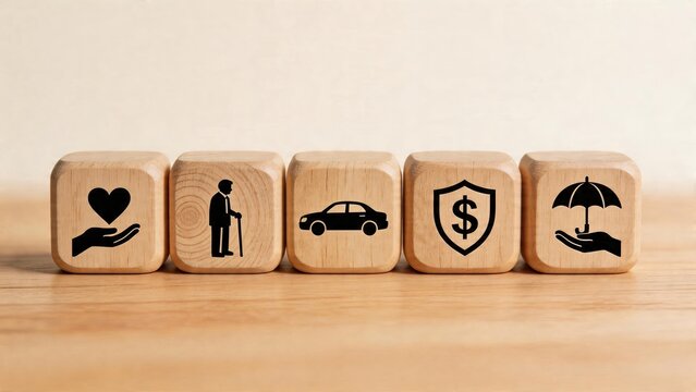 Business insurance concept wooden cube blocks with silhouettes of hand holding heart old man with cane car symbol shield dollar sign and umbrella for elderly protection services