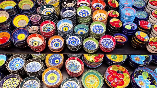 Close view of bright handmade pottery and souvenir dishes arranged in a shop, showing vivid colors, detailed patterns and artistic texture, capturing authentic craft and travel souvenir theme.
