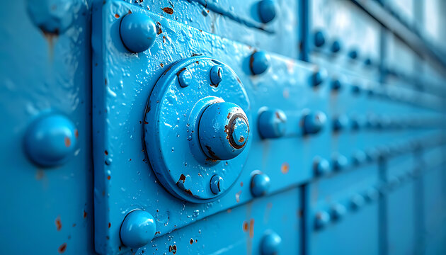 Close up of a textured, heavily riveted, bright blue metal door with visible rust spots and a shallow depth of field, conveying a sense of age and industrial design