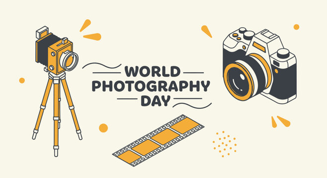 World photography day isometric vector illustration with vintage tripod camera digital camera and film strip on light background World Photography Day