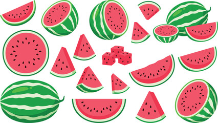 Watermelon Fruit Collection with Whole Melons, Slices, Halves, and Cubes for Summer Food Illustration, Fresh Produce Design, and Healthy Lifestyle Graphics