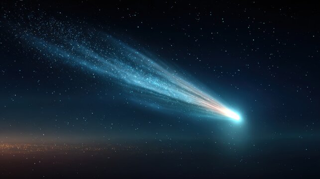Bright glowing comet with long blue tail streaking across starry night sky over Earth atmosphere astronomy concept