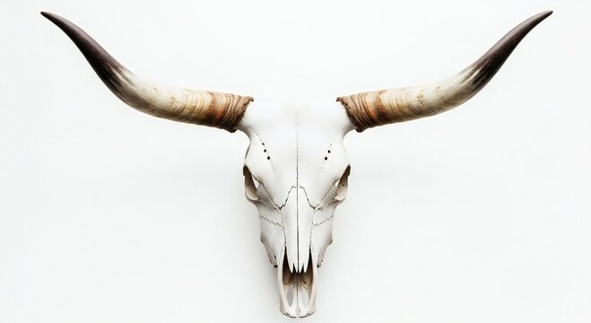 A white bull skull with large horns on isolated white background
