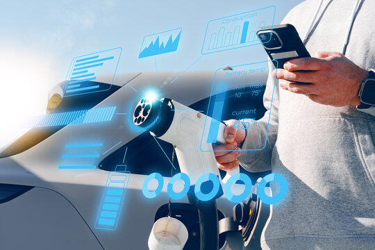Charging electric vehicle at station with user monitoring battery status and usage data