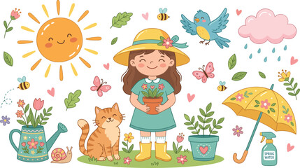 Fototapeta premium Charming Spring Garden Scene with Girl, Cat, Flowers, Sun, and Umbrella for Kids’ Illustrations and Seasonal Designs