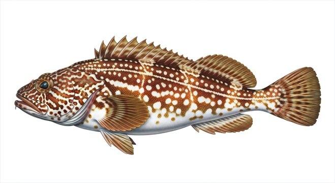 A large lingcod fish with brown and white spots on its body isolated on white background