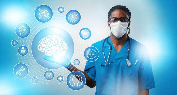 Healthcare worker holds a brain graphic with medical symbols in a bright background