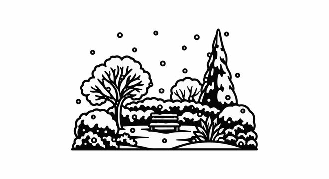 A winter park scene with trees, a bench, and falling snow