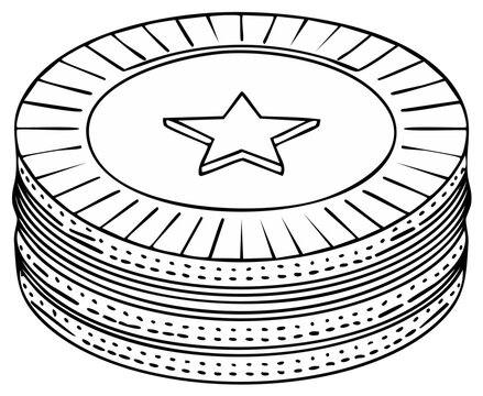 Stack of casino poker chips with a star emblem on top in a simple line art illustration style