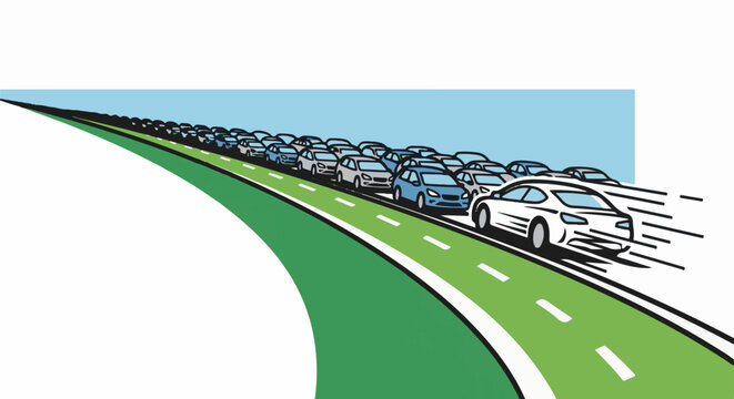 A traffic jam of various colored cars on a highway under a blue sky